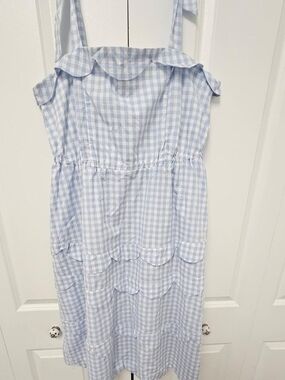 Light Blue Gingham Scalloped Sundress (With Free A GIFT)